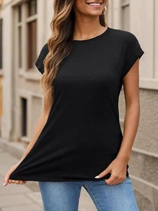 Women's Crewneck Cap Sleeve T Shirts Summer Casual Tops Loose Fit Tee Blouses - Picture 1 of 10