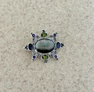 Sajen Sterling Silver Signed Pendant Brooch Shell Peridot Amethyst Blue Topaz - Picture 1 of 6