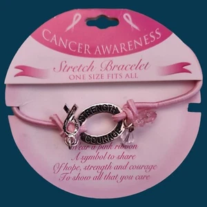 strength & courage Pink Ribbon Bracelet Stretch Beaded Breast Cancer Awareness - Picture 1 of 5