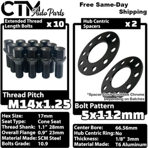 2x 3mm Thick 5x112 66.56mm C.B Wheel Spacer + 14x1.25 Black Bolt Fit Latest BMW - Picture 1 of 8