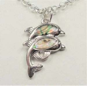 BEACH FASHION SILVER TONE RHODIUM NAUTICAL ABALONE TWO DOLPHINS PENDANT NECKLACE - Picture 1 of 5