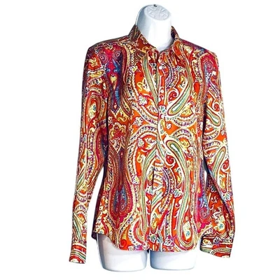 Ralph Lauren Women Silk Button Shirt Size 10 Paisley Career Psychedelic Vibrant - Image 1 of 4