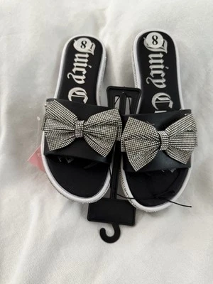 NEW Juicy Couture Black Yolox Rhinestone Bow Sandals Women 8 Black White Slides - Image 1 of 4