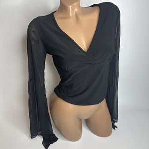 Y2K Black Gothic Fairy Witchy Mesh Top Sheer Bell Sleeves Boho Festival Blouse S - Picture 1 of 14
