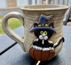 Mudworks Pottery Halloween Black Cat Mug Deb Monaghan Studio Pottery Witch USA - Picture 1 of 8