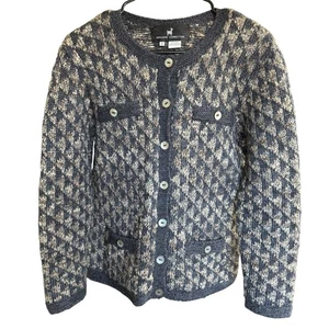 Peruvian Connection Houndstooth Boucle Cardigan Size Small Navy Blue Handknit - Picture 1 of 8