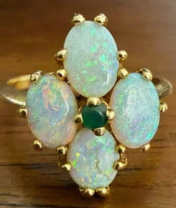 Vintage 14K Yellow Gold Opal & Emerald Cluster Ring Size 8 - Picture 1 of 9