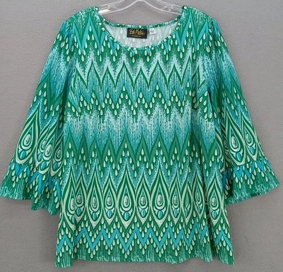 Blusa Bob Mackie Usable Arte 3/4 Volantes Slv Talla L Verde Lágrima Patrón Stch Foto 1 de 4