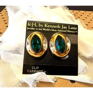 KJL By Kenneth Jay Lane Clip Earrings With Green & Clear Crystal Accents - Picture 1 of 6