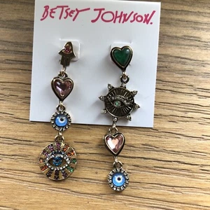 Betsey Johnson Gold Tone Linear Evil Eye Mismatch Drop Earrings Crystal NWT - Picture 1 of 12