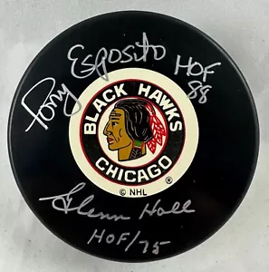 Tony Esposito Glenn Hall HOF Signed Autograph Chicago Blackhawks Hockey Puck COA - Picture 1 of 1