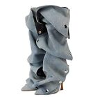  Womens Stiletto Heel Knee High Boots Pointed Toe Applique Denim Boot 9 Blue