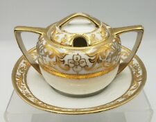 Antique RC NIPPON Covered Sugar Bowl & Attached Plate Moriage Gold Gild