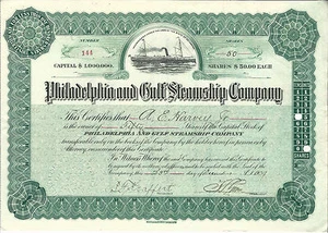 DELAWARE 1909 Philadelphia & Gulf Steamship Company Stock Certificate  - Picture 1 of 2