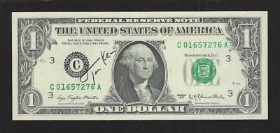 Tom Kean, New Jersey Governor, Autograph on $1.00 FRN, FR# 1909-C, Choice Unc.! - Image 1 of 2