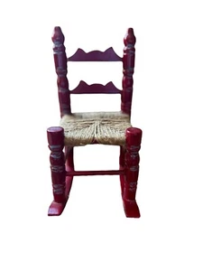 VTG Shaker Handcrafted Wood Doll Rocking Chair Jute Seat Red Blue Mini Folk Art - Picture 1 of 5