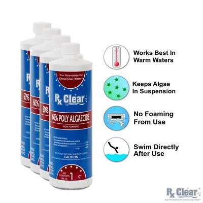RX CLEAR® Rx Clear Swimming Pool 60 Plus Prevents Algaecide Chemical - 4 x 1 Quart Bottles