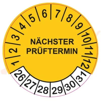 BEST OF STICKERS 50 NÄCHSTER PRÜFTERMIN 2026-31 Prüfplaketten Prüfetiketten Gelb Ø 30 mm