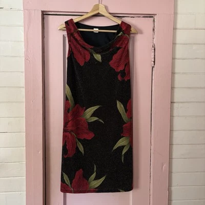 Mica Y2K Black Red Floral Good Shimmer Cowl Neck Knee Length Dress S - Image 1 of 4