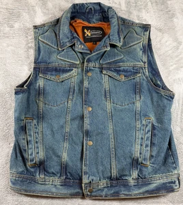 Vtg Xelement Denim Motorcycle Vest XL Blue Faded Distressed Biker Jean Riding Ge - Picture 1 of 7