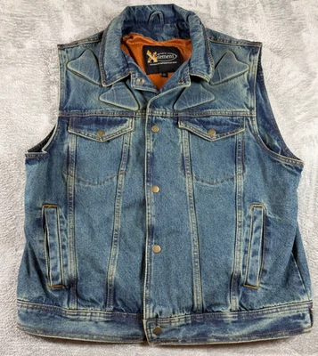 Vtg Xelement Denim Motorcycle Vest XL Blue Faded Distressed Biker Jean Riding Ge - Image 1 of 4