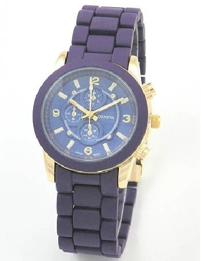 NUEVO RELOJ CRONÓGRAFO PEQUEÑO DORADO DE METAL ENVUELTO EN SILICONA PÚRPURA DISEÑADOR GINEBRA Foto 1 de 1