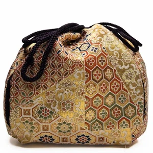 Borsa Kinchaku Vintage in Tessuto Broccato Dorato per Kimono Kitsuke: Aug22-M - Foto 1 di 5