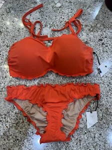 NEW Target Shade & Shore Orange coral Top 34D Matching Ruffle butt Bottoms S!! - Picture 1 of 6