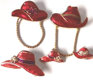 VINTAGE Red Enamel AND GOLD TONE Cowboy Cowgirl Hat Brooches 5pcs - Picture 1 of 19