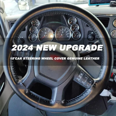 For Chevrolet Colorado 15" Steering Wheel Cover Genuine Leather BLACK Non-slip - Image 1 of 4