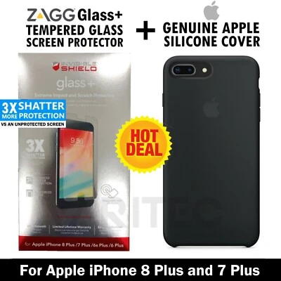 Zagg Glass Screen Protector + Genuine Apple iPhone 8+ 7 Plus Silicone Case Cover - Image 1 of 4