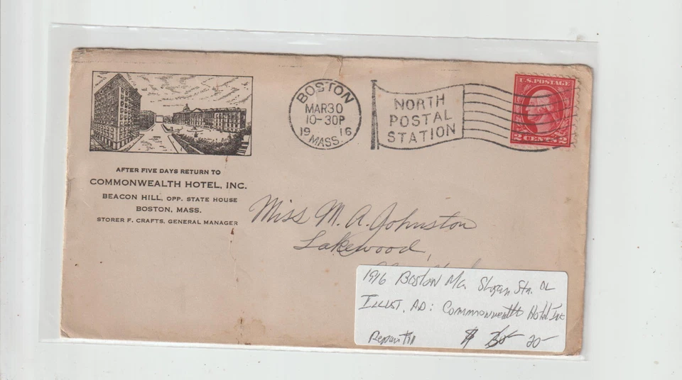1916 Boston Mass North Postal Station illust advt cover Commonwealth Hotel (e23) - Image 1 of 1