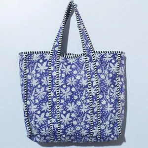 Women Cotton Quilted Hand Block Tote Hand Bags Floral Purple Multi Shoulder Bags - Picture 1 of 5