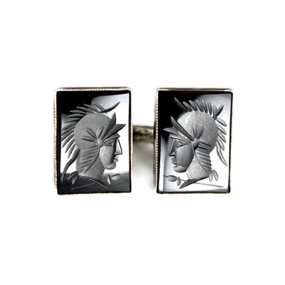 Gemelos vintage de plata esterlina tallados con hematita soldado romano Foto 1 de 4