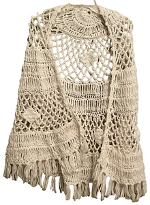 Chaleco Chal Tejido Macramé Blanco De Colección Capa Boho Festival Hecho a Mano Flecos Crochet - Imagen 1 de 6