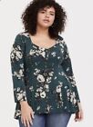 TORRID 1 (1X 14W 16W) Teal Green Floral Pullover Rayon Long Sleeve Top