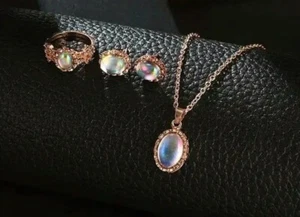 ROSE GOLD NECKLACE SET w/ EARRINGS & RING SZ 7.25 OPALITE STONES FASHION JEWELRY - Picture 1 of 11
