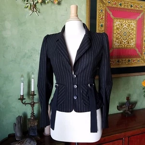 Mason By Michelle MASON Black Gray Pinstriped Jacket BLAZER Sz 6 Belted Pockets - Picture 1 of 19