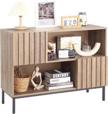 Wooden 39.4" Wave Pattern Buffet Cabinet Semi-Open Sideboard with Metal Legs - Image 1 of 4