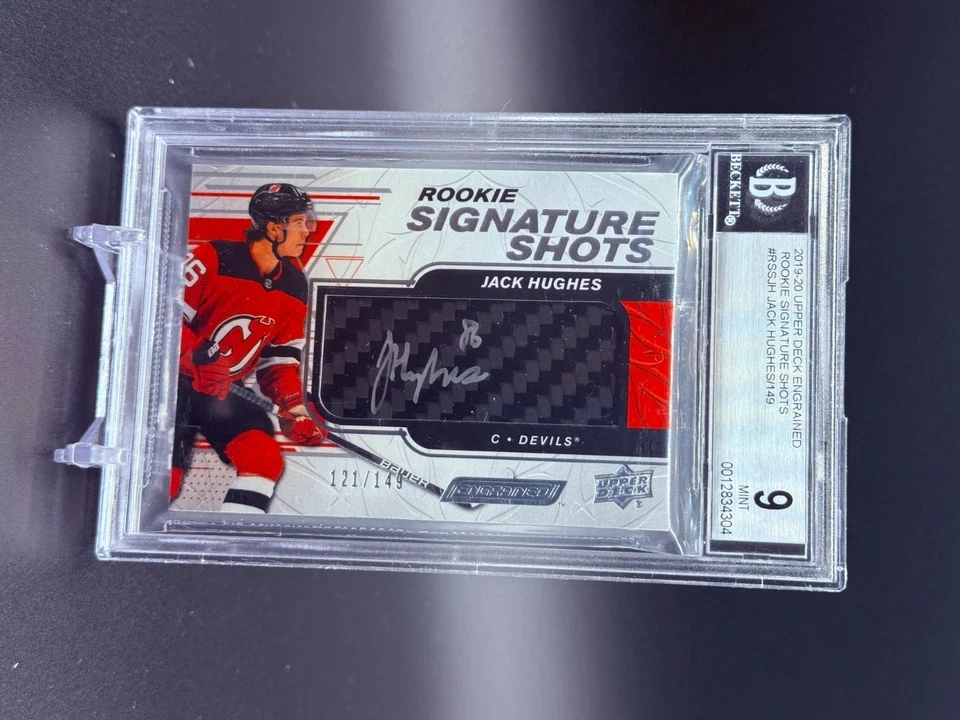 Jack Hughes Rookie Auto Stick Signature Shots/149 - BGS 9 - 2019 UD Grained Foto 1 de 2