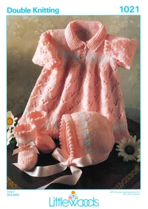 Littlewoods 1021 Baby Knitting Pattern COPY– Dress, Bonnet & Booties – DK Yarn - Picture 1 of 2