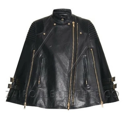 Chaqueta con Capa de Cuero Negra para Mujer, Poncho Estilo Moto con Cremallera y Hebilla Dorada Foto 1 de 4