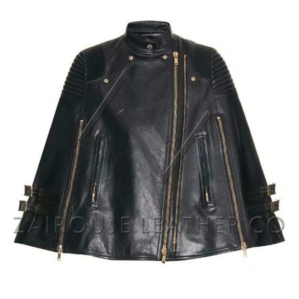 Chaqueta con Capa de Cuero Negra para Mujer, Poncho Estilo Moto con Cremallera y Hebilla Dorada Foto 1 de 4