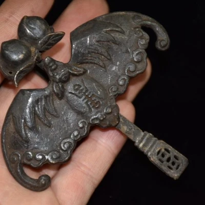 Antiguo Chino Antiguo Estilo Bronce Cobre Trabajo Hecho a Mano Murciélago Cerradura Llave Foto 1 de 4