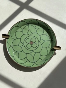 Vintage Mid Century Green Enamel Brass Tray with Handles – Floral Mandala Design - Picture 1 of 11