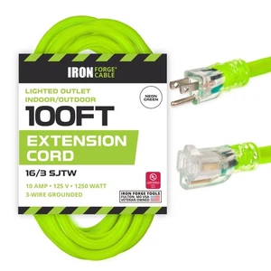 100 Ft Neon Green Extension Cord- 16/3 Lighted Outdoor High Visibility - 3 Prong - Picture 1 of 6