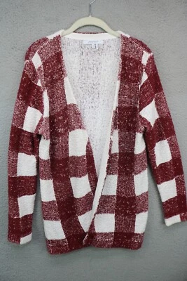 Foxcroft Burgundy White Open Front Cardigan-Size Medium-Picnic Plaid - Image 1 of 4