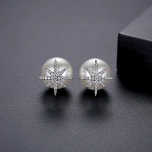 Fashion Zircon Star Pearl Ear Studs Earrings Simple Women's Gold Plated Jewelry - Picture 1 of 6