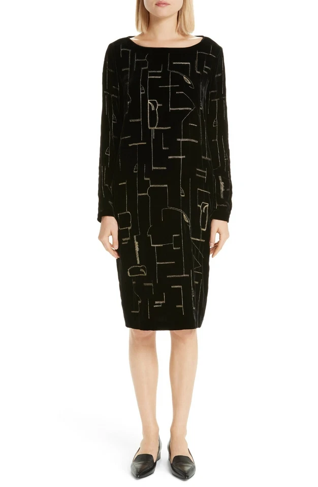 LAFAYETTE 148 Black Gold Embroidered Rich Velvet Cocktail Shift Dress L = 12/14 - Image 1 of 4