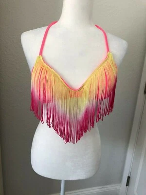 NWT M Pink Yellow LA LAB FRINGED SWIM BRA Bikini  PADDED Halter Tie BRALETTE - Image 1 of 4